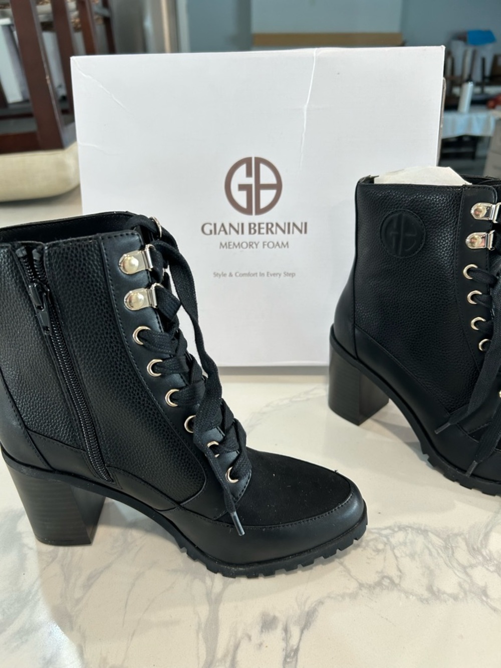 Giani Bernini Black Lace-Up Chunky Heel Ankle Boots with Gold Eyelets